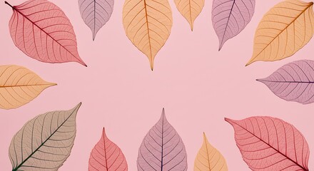 Obraz premium A delicate arrangement of translucent skeleton leaves in pastel hues of pink, yellow, and purple, encircling a soft pink background.