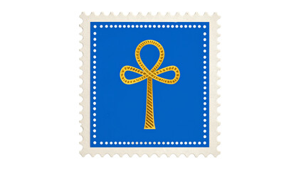 Gold Ankh Symbol on a blue Postage Stamp isolated on solid white background