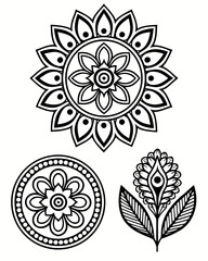 Three black and white ornamental floral designs and mandala patterns vector