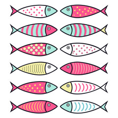 Ten stylized fish with pink blue yellow and white patterns swimming illustration