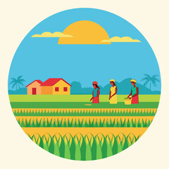 Three women planting crops in a sunny rural landscape with houses and palm trees rural life farming