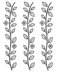Three vertical stylized botanical line art elements with leaves and flowers illustration nature