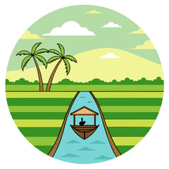 Tropical canal with boat and palm trees in a circular landscape vector