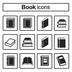 Twelve monochrome book icons in a grid format with a title collection library