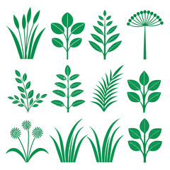 Twelve stylized green plant and leaf icons on white background nature botanical