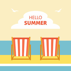 Two Orange and White Striped Beach Chairs on Yellow Sand with Blue Water and Sky summer vacation