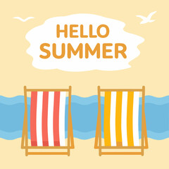 Two striped deck chairs on a sandy beach with blue water and birds summer vacation