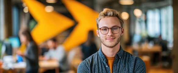 Confident young professional with glasses smiles warmly in a modern office environment fostering a sense of collaboration and innovation.