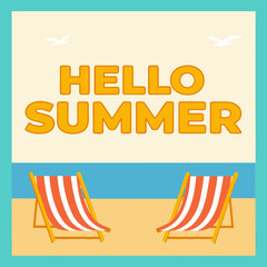 Two striped deck chairs on a sandy beach with blue water and text summer vacation
