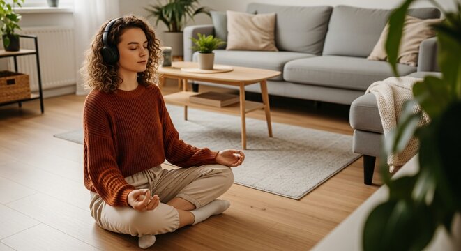 Young woman finds inner peace meditating with headphones in a calm, modern living room setting