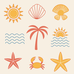 Whimsical Summer Beach Icons Featuring Sun Seashell Palm Tree Starfish and Crab vector