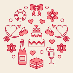 Whimsical red line art celebration objects arranged in a circle party birthday