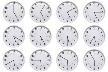 Set of white analog wall clocks showing each hour from 05:00 to 05:55 or 17:00 to 17:55, on white...