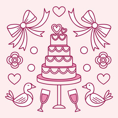 Whimsical wedding cake with hearts bows and swans on pink background celebration romance