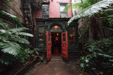 Lush courtyard with vintage red doors