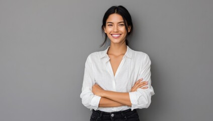 Confident young professional woman smiles warmly with arms crossed against a neutral backdrop radiating positivity and approachability.