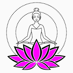 Woman meditating in lotus pose on pink lotus flower with dotted circles meditation yoga