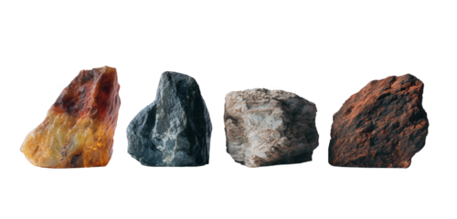 Four raw natural geological rock specimens each showcasing distinct textures shapes and earthy