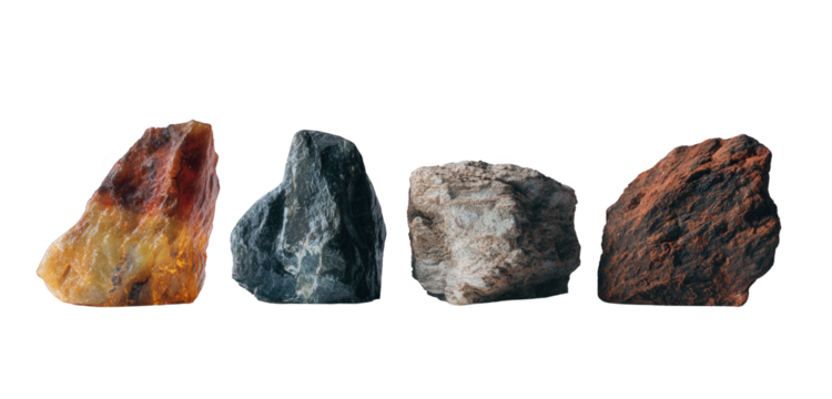 Four raw natural geological rock specimens each showcasing distinct textures shapes and earthy