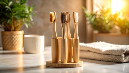 Wooden Toothbrushes in Holder on Bathroom Counter