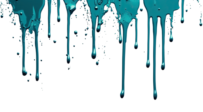 Teal paint drips against a black background.  Visually dynamic, fluid drips in varying sizes and thicknesses