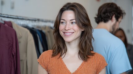 Obraz premium A young woman in an orange top smiles confidently in a clothing store with racks of clothes and other shoppers in the background.
