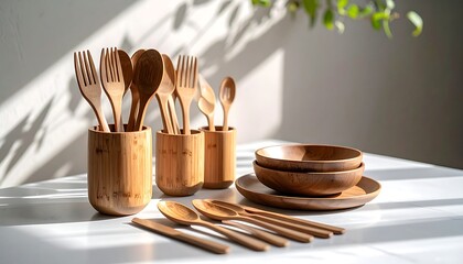 Wooden Utensils and Dishes on Table in Sunlight Still Life