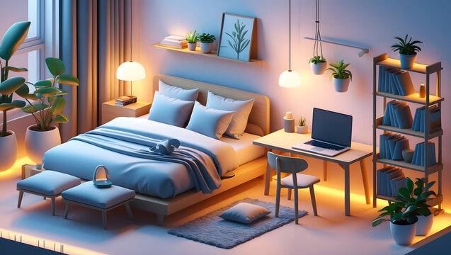 3d illustration of a stylish bedroom with a workspace plants and soft ambient lighting