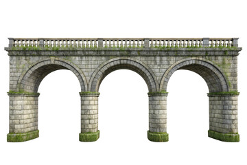 Ancient stone bridge with three arches and mossy details isolated on transparent background