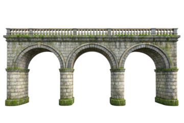 Ancient stone bridge with three arches and mossy details isolated on transparent background