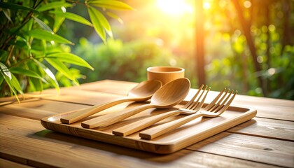 Wooden Utensils on Tray Outdoor Setting with Sunlight