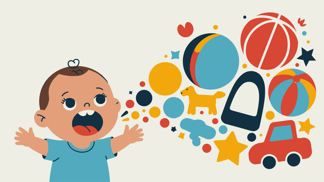 baby speaking with burst of toy icons vector illustration, language explosion, early childhood development and learning first words