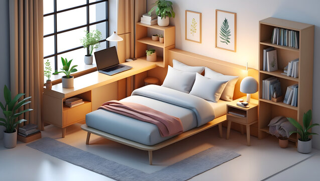 3d illustration of a bright and airy bedroom with a workspace and lush greenery