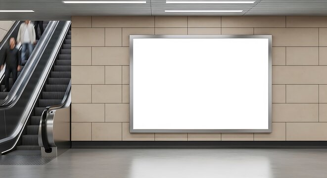 A blank white billboard mockup on a tiled wall in a modern subway station next to an escalator with people. - Powered by Adobe
