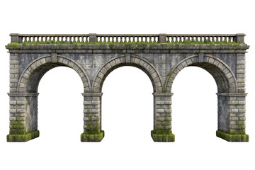 Ancient stone aqueduct with three arches and a decorative railing isolated on transparent background