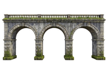 Ancient stone aqueduct with three arches and a decorative railing isolated on transparent background