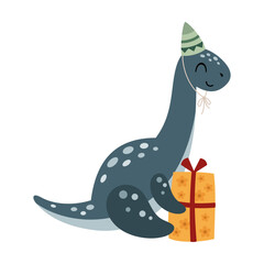 Birthday dinosaur with a gift. Cute cartoon festive character. Vector illustration.