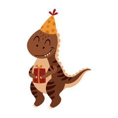 Birthday dinosaur with gift box. Cute cartoon festive character. Vector illustration.