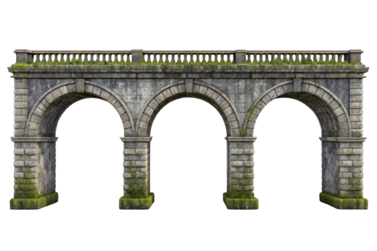 Ancient stone aqueduct with three arches and a decorative railing isolated on transparent background