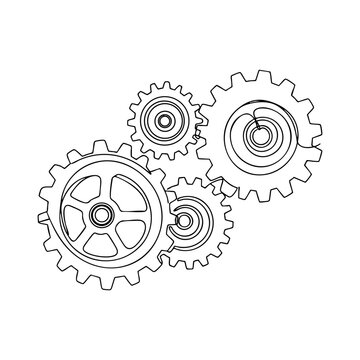 Vector line art of interconnected gears, industrial mechanism outline illustration