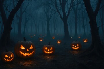 Spooky jack o lanterns illuminate a dark forest path on a mysterious halloween night