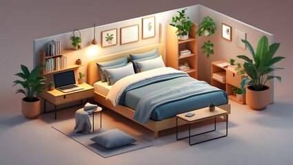 3d illustration of a cozy isometric bedroom with a desk plants and soft lighting