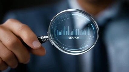 A man is holding a magnifying glass and looking at a computer screen with the word "search" on it - Powered by Adobe