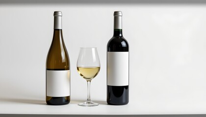 Elegant White Wine Bottles with Glass and Copy Space