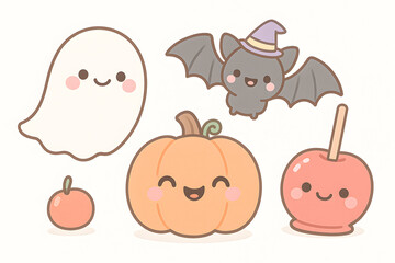 Smiling cartoon ghost, bat, and pumpkin illustration