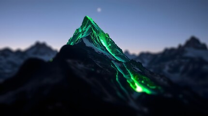 Obraz premium Mount Thor, Emerald Peak: Glowing Mountain Against Twilight Sky with Distant Peaks and Moon