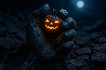 Zombie hand holding glowing jack-o'-lantern in dark soil
