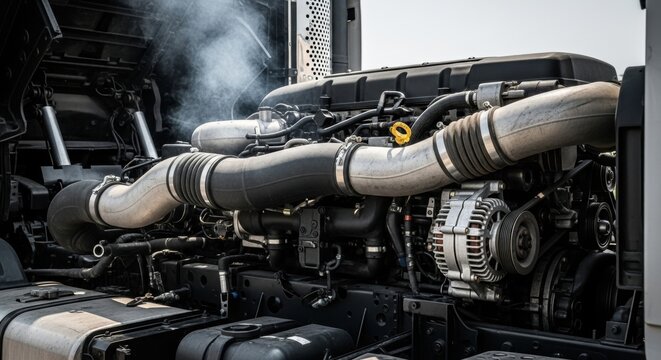 Heavy duty diesel truck engine with exhaust pipes and alternator system