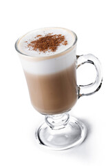 Maple Latte with Cinnamon in Glass Mug isolated o white background