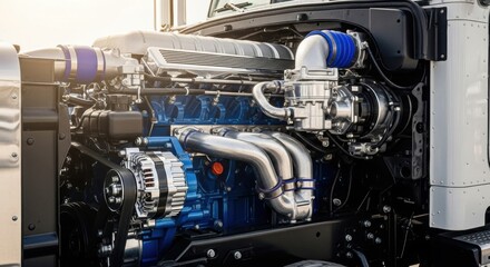Powerful diesel engine with turbocharger in modern truck